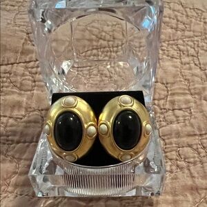 Vintage MONET Gold-Tone Black Oval pierced earrings 1980s